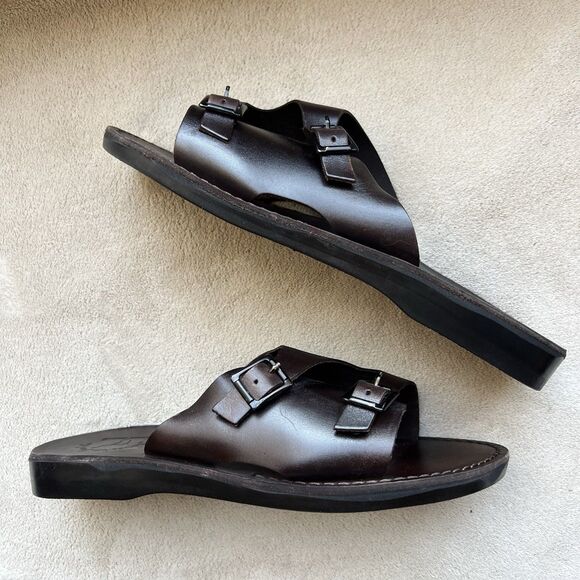Jerusalem Dark Brown Stiff Leather Slide Sandal Men EU 47 US 13.5-14 Double Monk - Picture 1 of 15